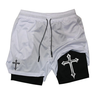 Cross Print 2-in-1 Workout Running Shorts for Men