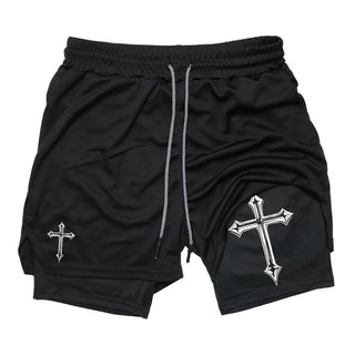 Cross Print 2-in-1 Workout Running Shorts for Men