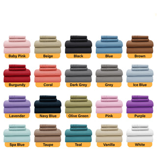 Collection of folded bed sheets in various colors with labels on a beige background.