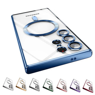 A transparent protective phone case with a metallic blue bumper and matching blue camera rings, shown on a white phone back. Small thumbnails along the bottom show other available color options.