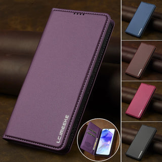 A purple textured folio phone case shown open with a phone inside, alongside smaller color variants in blue, brown, pink, and black on a dark wood background. The case has visible stitching, side button cutouts, and a small LC-MEEKE logo printed near the lower left.