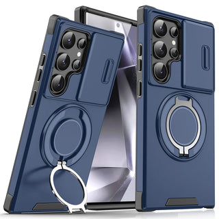 Two navy blue phone cases shown on a white studio background, one angled to show the back with a circular ring stand and the other facing forward with the phone inserted. The cases have raised camera cutouts and a rugged protective design.