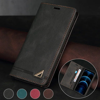 A dark brown textured faux-leather wallet phone case with orange contrast stitching and a gold metal logo accent, shown standing upright on a dark brown surface. An inset circle shows the phone inserted inside the case.