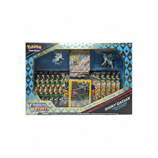 Pokémon trading card game box with Shiny Zacian figure on a marble surface