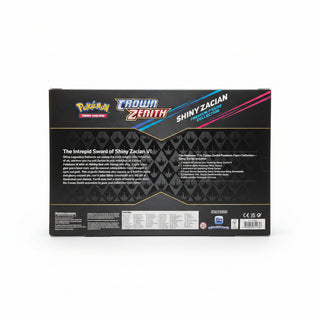 Pokémon Crown Zenith Shiny Zacian premium figure collection box on a marble surface