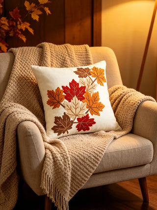 Autumn Maple Leaf Embroidered Pillow Cover – Decorative Fall Throw Cushion Cover for Sofa, Bed & Thanksgiving Decor