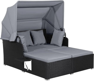 Outdoor Hand-Woven PE Wicker Daybed Patio Loveseat with Retractable Canopy & Side Tables – Sun Lounger Sofa Set