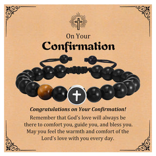 Men’s Cross Beaded Bracelet Adjustable Black Onyx Stainless Steel Faith Wristband Gift for Dad