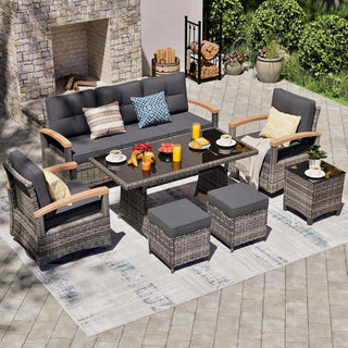 7-Piece Patio Furniture Set – PE Wicker Outdoor Conversation Set with 2 Wood Armrest Swivel Rocker Chairs