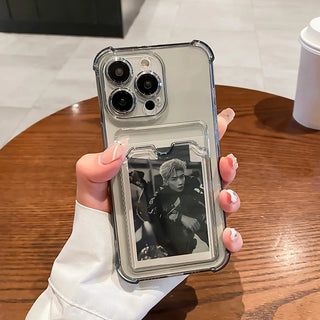 Transparent Card Slot iPhone Case, Clear Shockproof Soft TPU Wallet Cover with Photo Pocket Holder for iPhone 16 15 14 13 12 11 Pro Max Mini X XR 8 7 Plus SE
