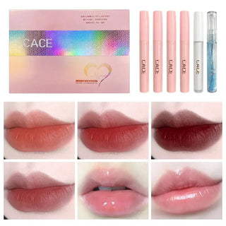 CACE Pink Party Lip Makeup Gift Set- 6-Piece Lip Kit with Silver Necklace