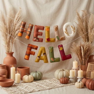 Hello Fall Felt Bunting Garland – Autumn Harvest Wall Banner with Leaves, Pumpkins & Seasonal Lettering