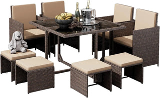 9-Piece Outdoor Patio Dining Set – Space Saving Rattan Wicker Table & Chairs with Cushions, Glass Top Garden Furniture Set for Patio, Deck & Poolside