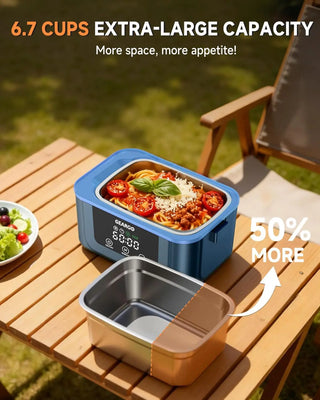 GEARGO Cordless Electric Heated Lunch Box, 24000mAh Rechargeable Self-Heating Food Warmer with Stainless Steel Container, Ice Crystal Box, Insulated Bag, Digital Display, and 6.7-Cup Capacity