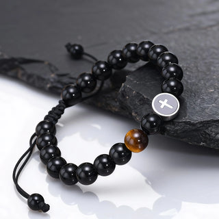 Men’s Cross Beaded Bracelet Adjustable Black Onyx Stainless Steel Faith Wristband Gift for Dad