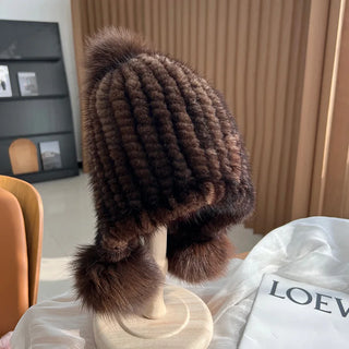 Real Mink Fur Spiral Beanie Cap With Fox Fur Pompoms.