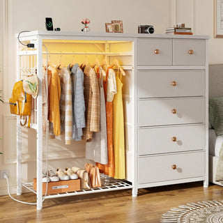 49.2" White Dresser with Hanging Rack, 6 Drawers, LED Lights & Charging Station