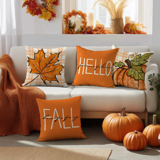 4pcs Thanksgiving Pillow Covers – Pumpkin & Maple Leaf Design