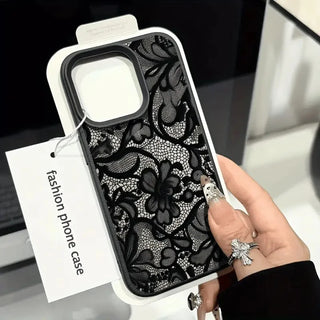 Black Lace Floral iPhone Case – Shockproof Soft TPU Cover with Raised Camera Protection