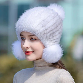 Real Mink Fur Spiral Beanie Cap With Fox Fur Pompoms.