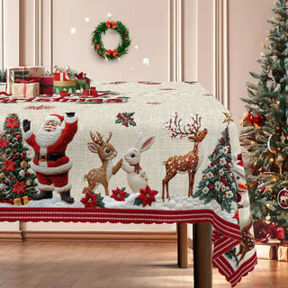 Merry Christmas Pattern Tablecloth with 4 Self-Adhesive Stickers – Santa, Snowman, Reindeer & Holiday Cheer