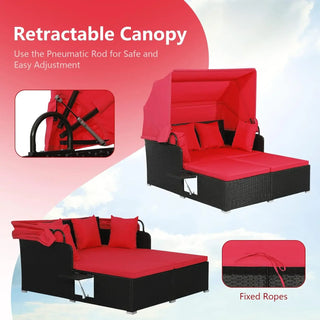 Outdoor Hand-Woven PE Wicker Daybed Patio Loveseat with Retractable Canopy & Side Tables – Sun Lounger Sofa Set