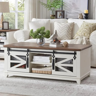 Farmhouse & Industrial  Coffee Table with Storage & Sliding Barn Doors