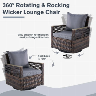 3-Piece Patio Bistro Set with Swivel Rocker Chairs – Outdoor Wicker Furniture Set with Cushions & Glass Side Table for Garden, Backyard & Balcony