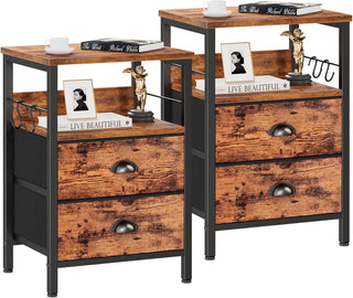 Nightstands Set of 2 – Bedside Tables with 2 Fabric Drawers, Hooks & Open Wood Shelf for Bedroom or Living Room
