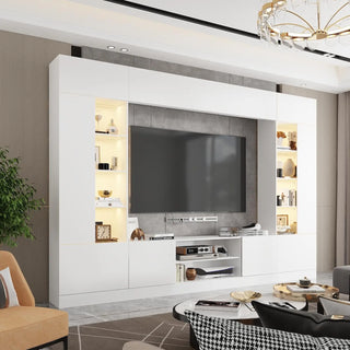 114" Large Wall Unit Entertainment Center with Bookshelves, LED Lights & 18 Shelves – Modern Console Table for TVs up to 75"