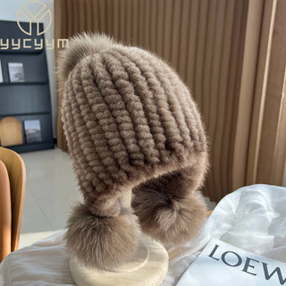 Real Mink Fur Spiral Beanie Cap With Fox Fur Pompoms.