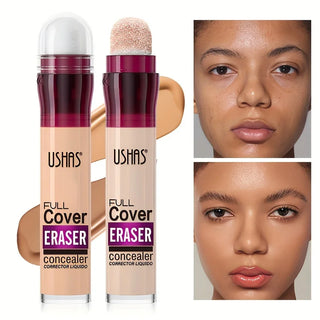 Two Ushas Full Cover Eraser concealers with a before and after effect on a face.