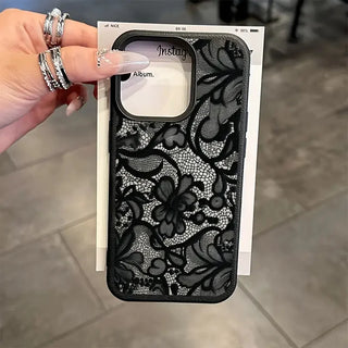 Black Lace Floral iPhone Case – Shockproof Soft TPU Cover with Raised Camera Protection