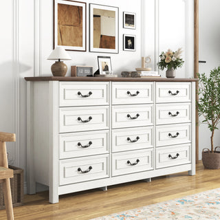 Large 12-Drawer Rustic Wood Dresser – 63" Long Modern Storage Cabinet for Bedroom, Living Room & Entryway