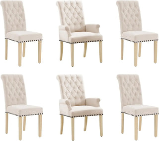 Upholstered Fabric Accent Dining Chair Set of 6 – Elegant Tufted Dining Room Chairs with 2 Armchairs