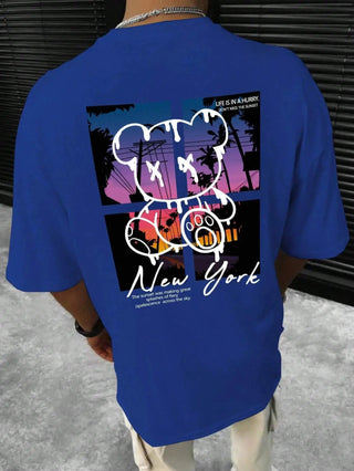 New York Sunset Bear Oversized Graphic Tee – Men’s 100% Cotton Streetwear Shirt