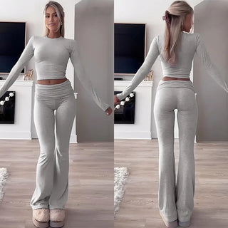JEN YAGE High-Stretch Slim Crop Top & Flare Pants Set