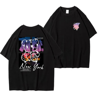 New York Sunset Bear Oversized Graphic Tee – Men’s 100% Cotton Streetwear Shirt
