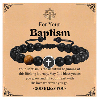 Men’s Cross Beaded Bracelet Adjustable Black Onyx Stainless Steel Faith Wristband Gift for Dad