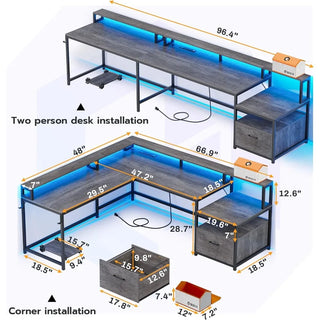 L-shaped 66" Home Desk with Storage Cabinet, Power Outlet and LEDs