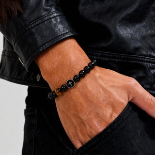 Men’s Cross Beaded Bracelet Adjustable Black Onyx Stainless Steel Faith Wristband Gift for Dad