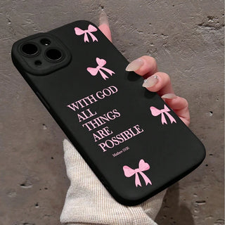 Minimalist Pink Bow Scripture iPhone Case, Soft TPU Matte Phone Cover with “With God All Things Are Possible” Design for iPhone 17 16E 16 15 14 13 12 11 Pro Max XS XR X 8 7 Plus SE2