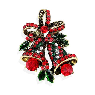 Christmas Festival Bell Brooch – Rhinestone Bow Pin