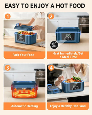 GEARGO Cordless Electric Heated Lunch Box, 24000mAh Rechargeable Self-Heating Food Warmer with Stainless Steel Container, Ice Crystal Box, Insulated Bag, Digital Display, and 6.7-Cup Capacity
