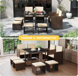 9-Piece Outdoor Patio Dining Set – Space Saving Rattan Wicker Table & Chairs with Cushions, Glass Top Garden Furniture Set for Patio, Deck & Poolside