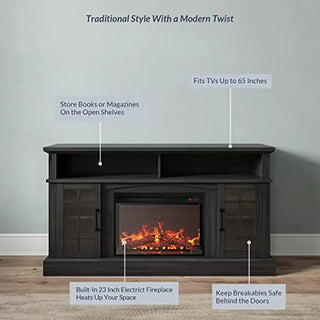 TV Stand with Electric Fireplace Heater – 58" Media Console with Storage Cabinets &amp; Shelves