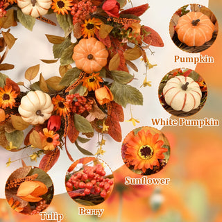 22-Inch Fall Pumpkin Wreath – Artificial Autumn Harvest Front Door & Farmhouse Decor