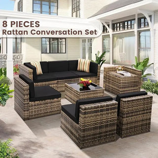 8-Piece Outdoor Patio Sectional Sofa Set – Wicker Rattan Furniture with Storage Coffee Table & Cushions for Backyard, Deck & Garden