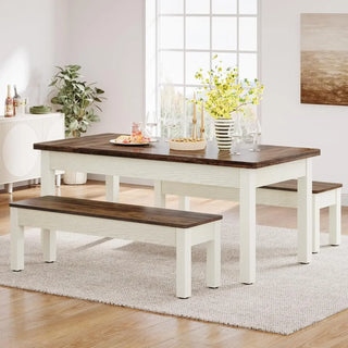 Farmhouse Kitchen Table Set for 4–6 – 55" Wooden Dining Table with 2 Benches