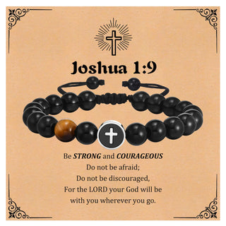 Men’s Cross Beaded Bracelet Adjustable Black Onyx Stainless Steel Faith Wristband Gift for Dad